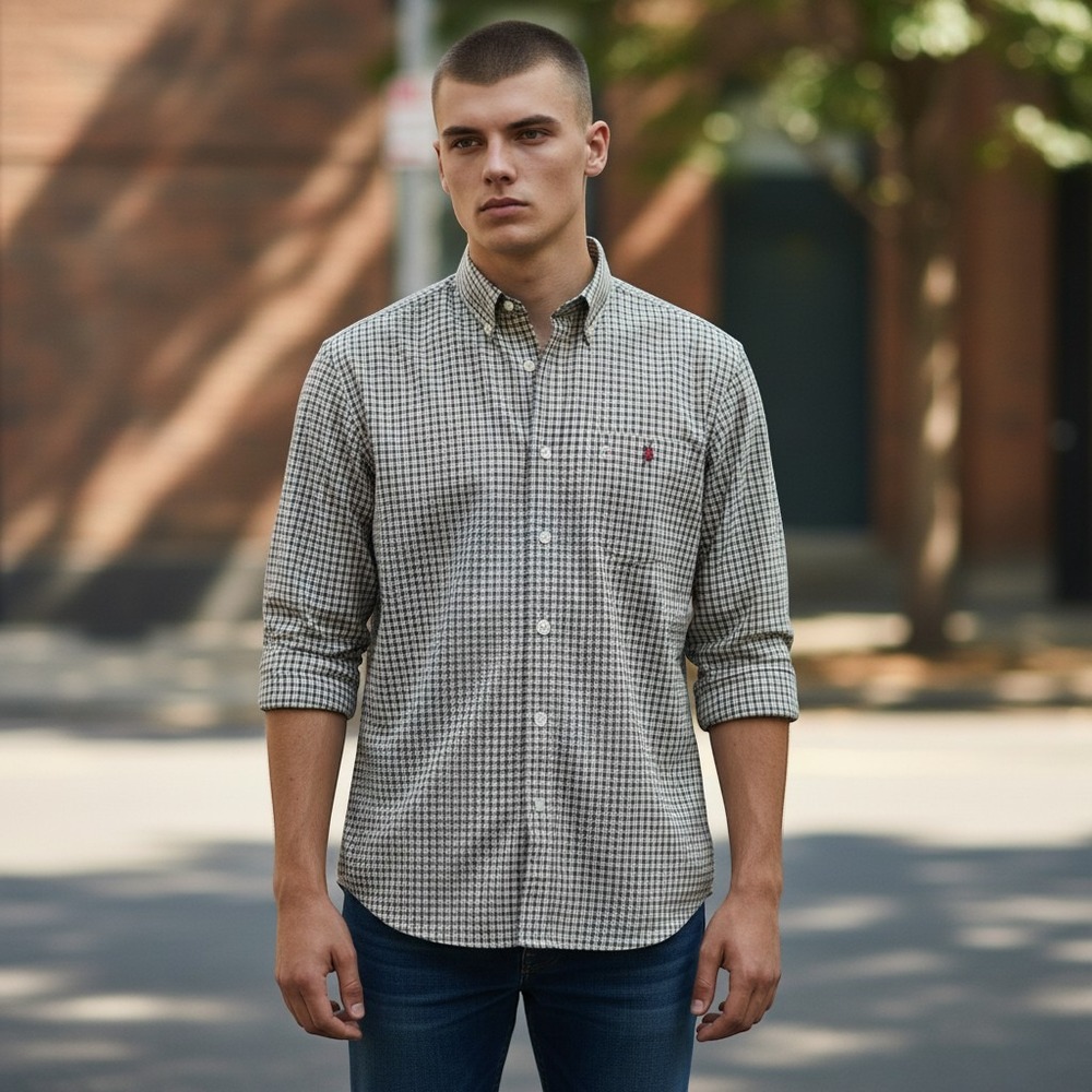 Tommy Hilfiger Button Down Mens Large Khaki Houndstooth‎ Crest Vintage Preppy